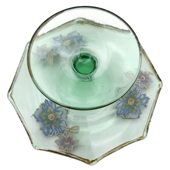 Vintage Green Glass Bon Bon Candy Dish With Floral Design & Gold Trim - Picture 4 of 6